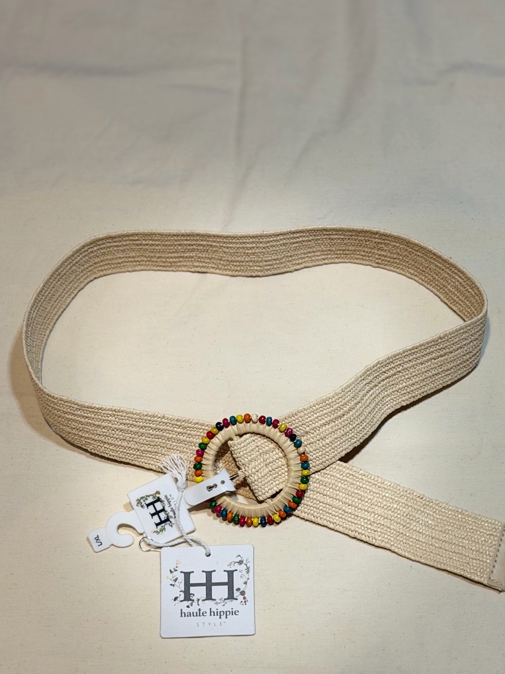 Haute Hippie Cream Woven Belt with Multicolor Beaded Round Buckle